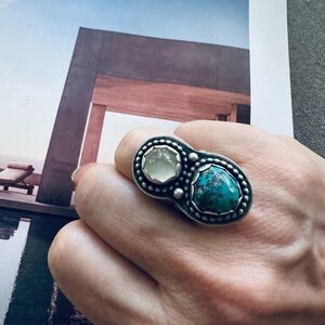 Turquoise and Moonstone Sterling Silver Ring